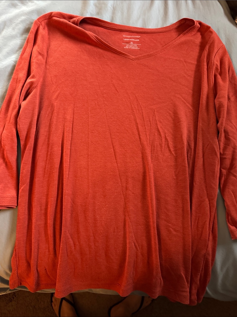 Christopher & Banks Long Sleeve V-Neck Tee in Coral Red